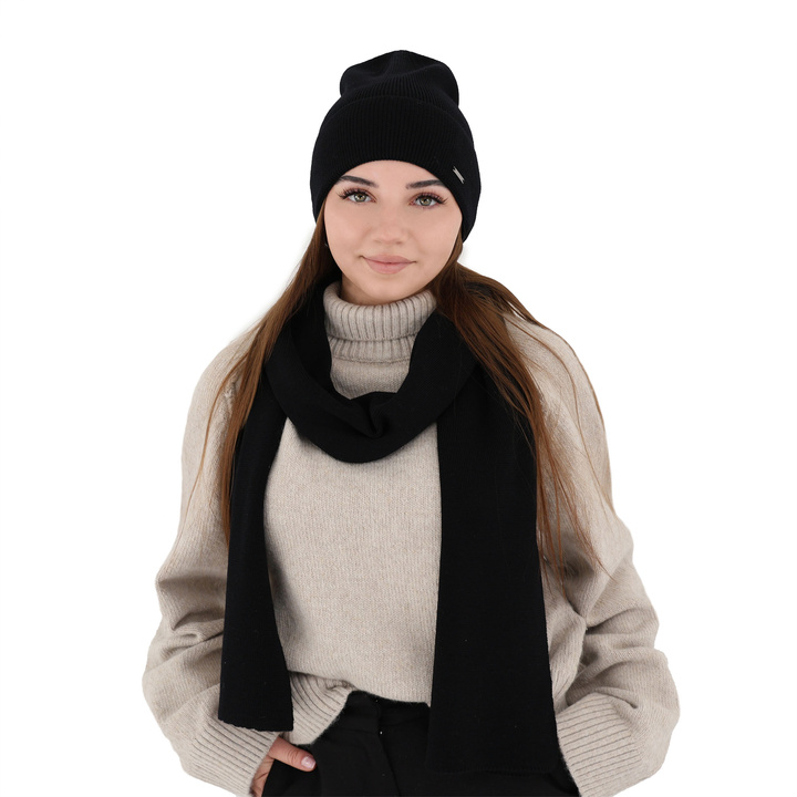 Dam vinter set: mössa och halsduk, svart, 100% Merino Ull, Melpomena