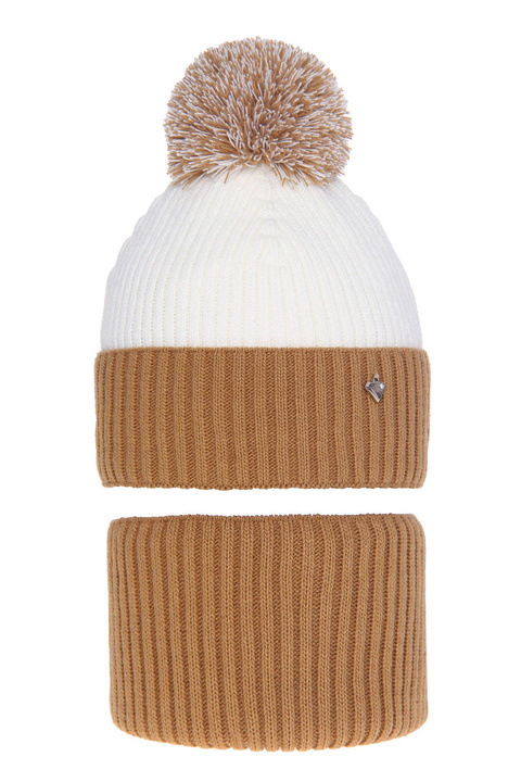 Flicka vinter set: mössa och tubhalsduk, camel, med pompom, Kolumbina