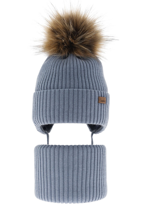 Pojke vinter set: mössa och tubhalsduk, ljusblå, med pompom, Bergo