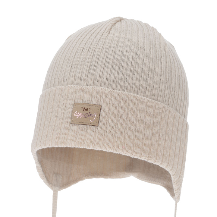 Flicka höst/vår mössa, beige, med knytband, med bomull, Tindra