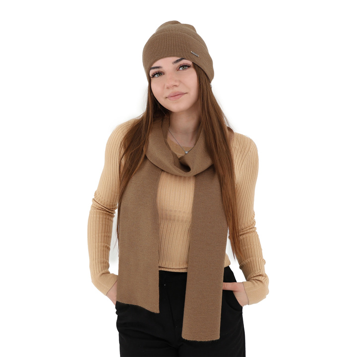 Dam vinter set: mössa och halsduk, camel, 100% Merino Ull, Melpomena