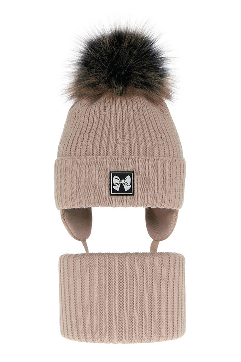 Flicka vinter set: mössa och tubhalsduk, beige, med pompom, Kinia