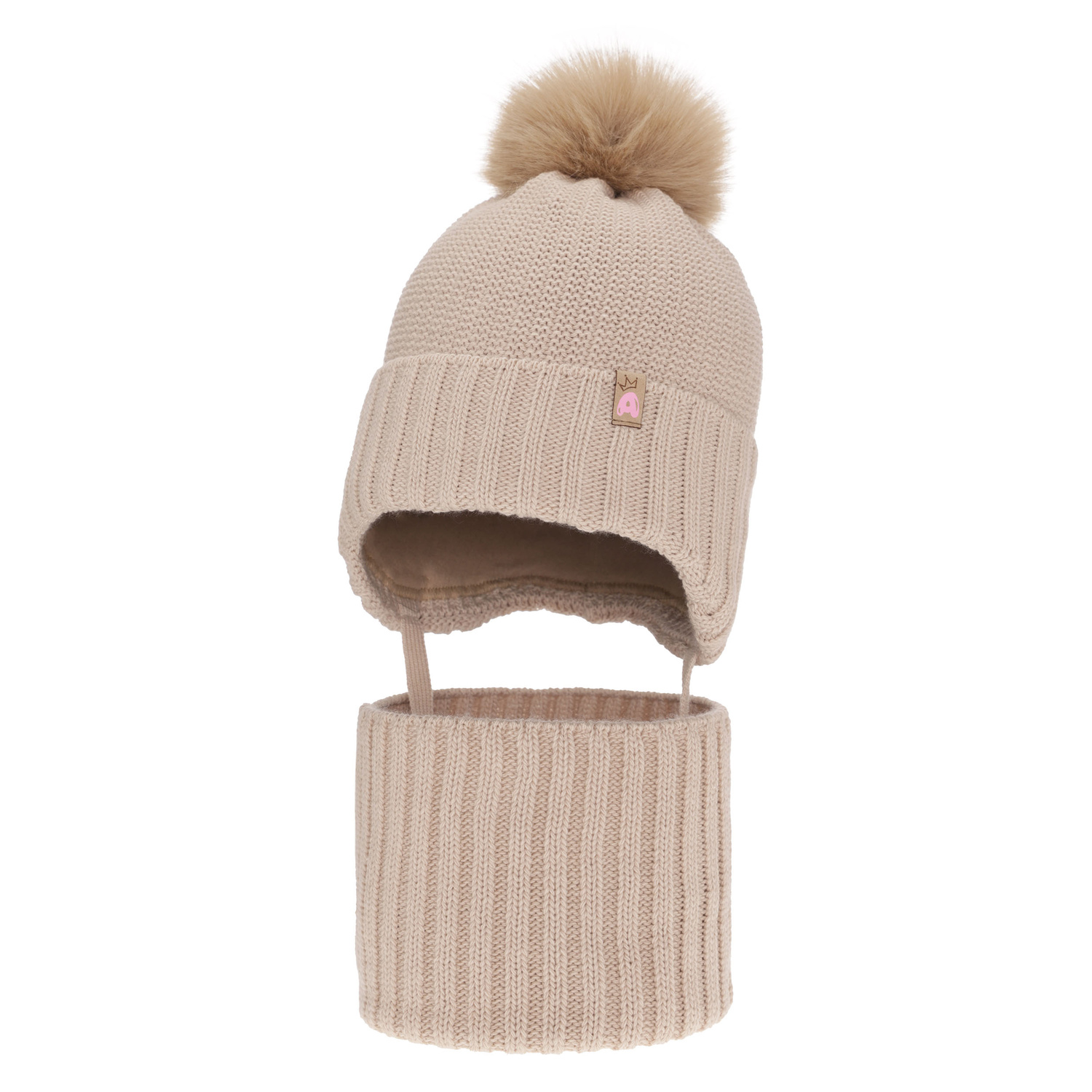Flicka vinter set: mössa och halsduk, beige, med pompom, Kaya