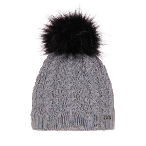 Dam vintermössa, grå, med pompom, 100% Merino Ull, Satina