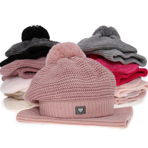 Flicka vinter set: mössa och halsduk, rosa, med pompom, Lira