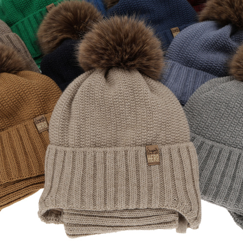 Pojke vinter set: mössa och halsduk, camel, med pompom, Kayen