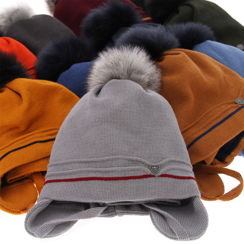 Pojke vinter set: mössa och halsduk, camel, med pompom, knytband, Burgund