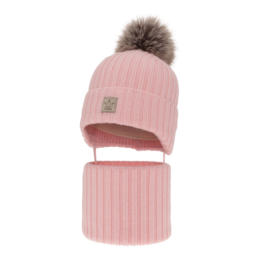 Flicka vinter set: mössa och halsduk, rosa, 100% Merino Ull, fodrad med ullfleece, med pompom, Martina