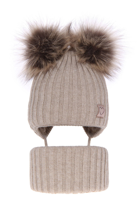 Flicka vinter set: mössa och halsduk, beige, med två pompommar, Telisa
