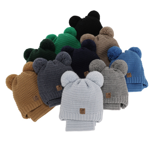Pojke vinter set: mössa och halsduk, beige, med två pompommar, wiązany Krispi