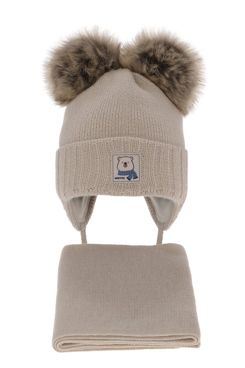 Pojke vinter set: mössa och halsduk, beige, med två pompommar, Jewel