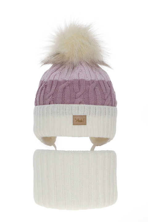 Flicka vinter set: mössa och tubhalsduk, krem, med pompom, Riviera