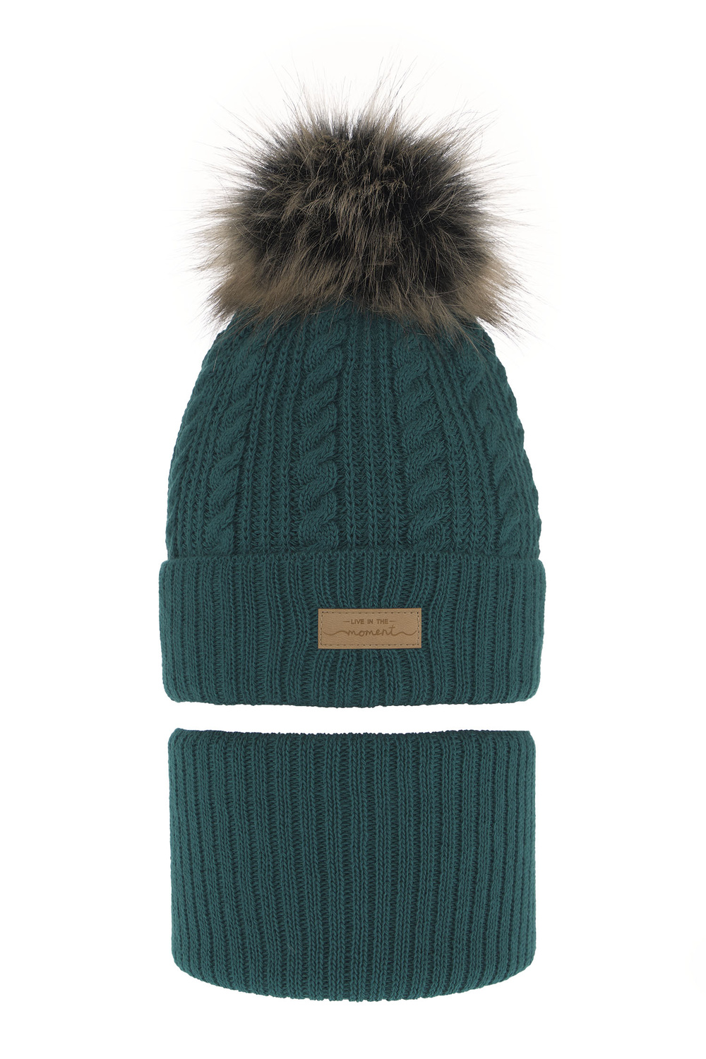 Flicka vinter set: mössa och halsduk, smaragdgrön, med pompom, Alika