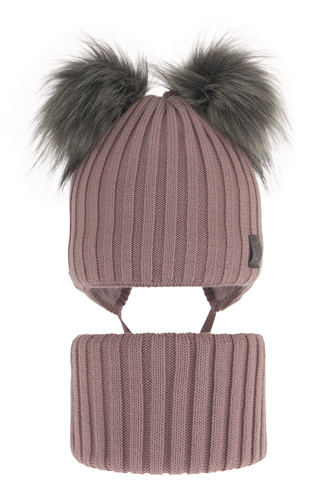 Flicka vinter set: mössa och halsduk, rosa, med två pompommar, wiązany, Telisa