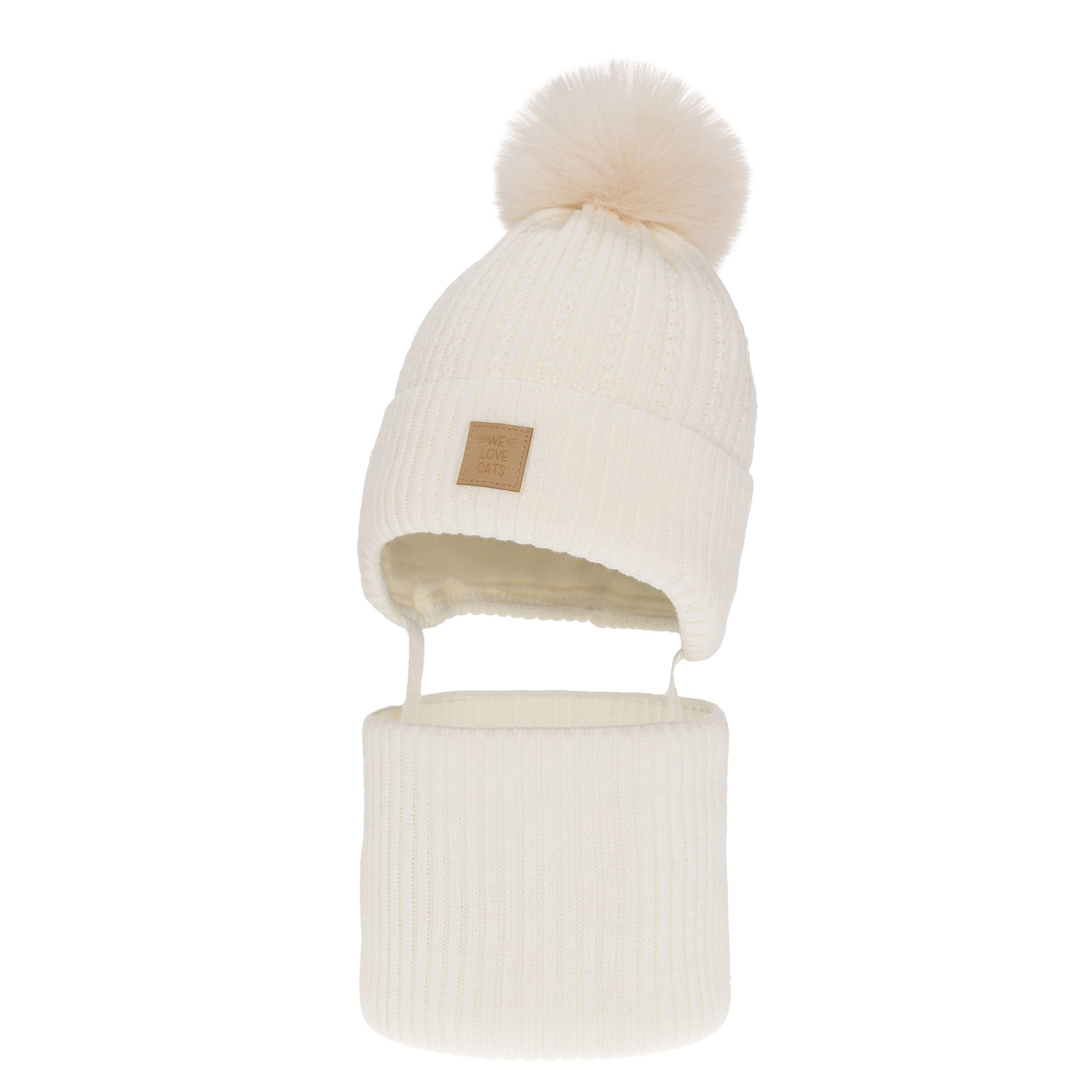 Flicka vinter set: mössa och tubhalsduk, kremfärgad, med pompom, Betty
