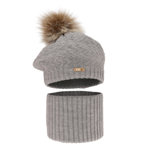 Flicka vinter set: mössa och halsduk, grå, med pompom, Atene