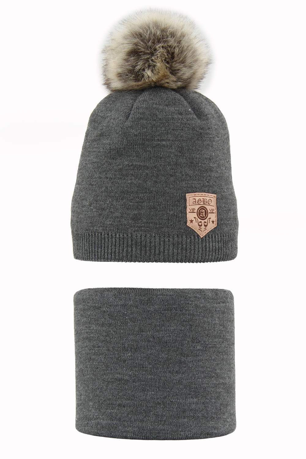 Pojke vinter set: mössa och tubhalsduk, mörkgrå, med pompom, Apolin