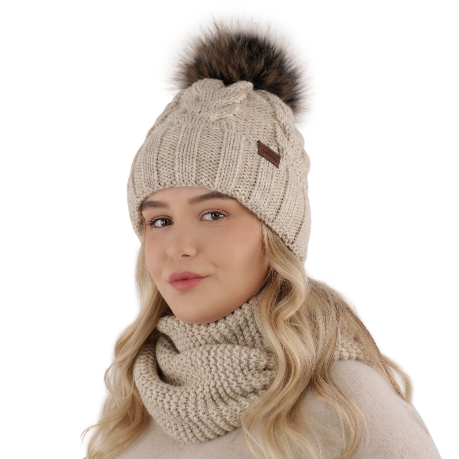 Flicka vinter set: mössa och tubhalsduk, grå, med pompom, Torina
