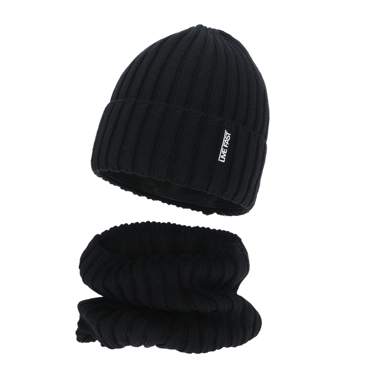 Pojke vinter set: mössa och tubhalsduk, svart, med merinull, fodrad med fleece, Banasko