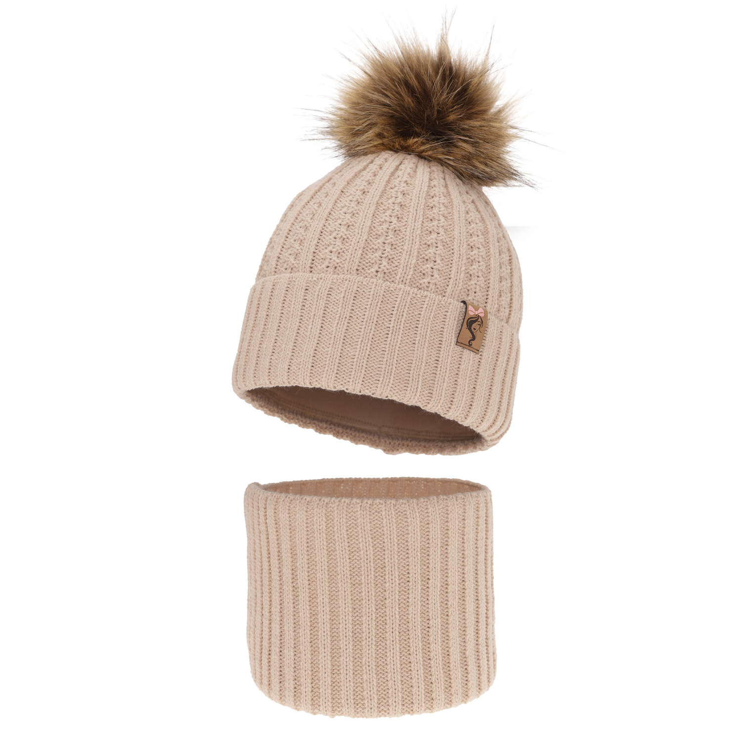 Flicka vinter set: mössa och halsduk, beige, med pompom, Larina