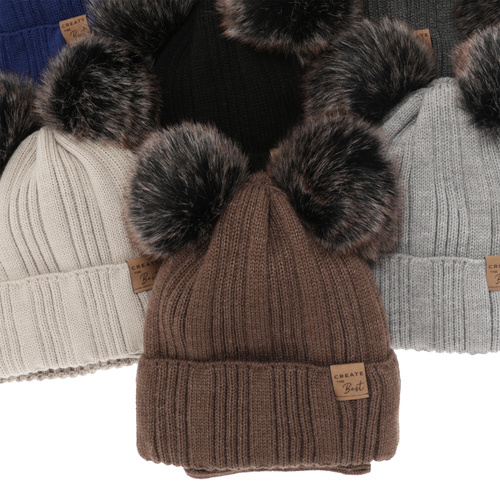 Pojke vinter set: mössa och tubhalsduk, beige, med två pompommar, Bilard