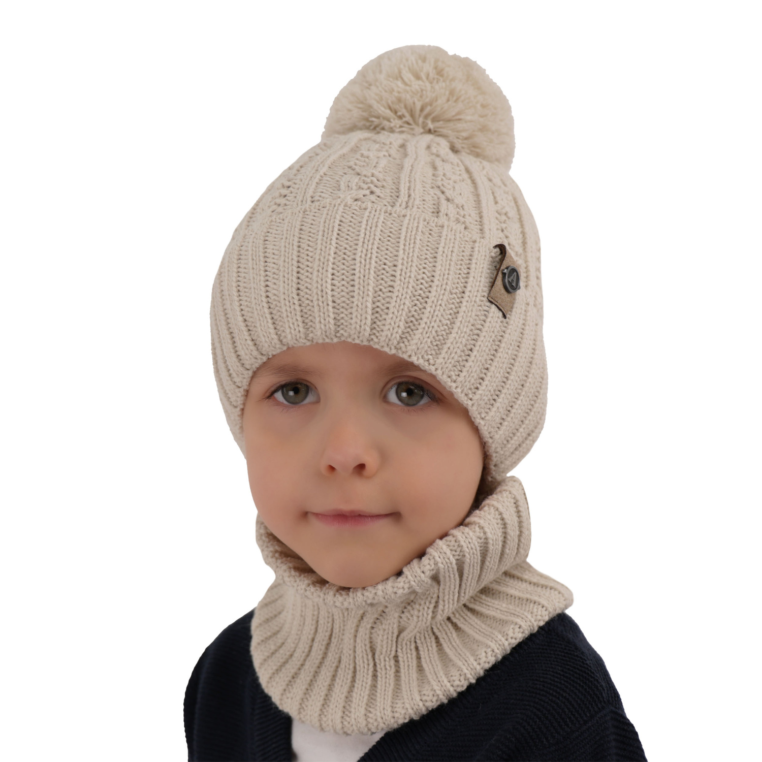 Pojke vinter set: mössa och halsduk, camel, med pompom, Almond