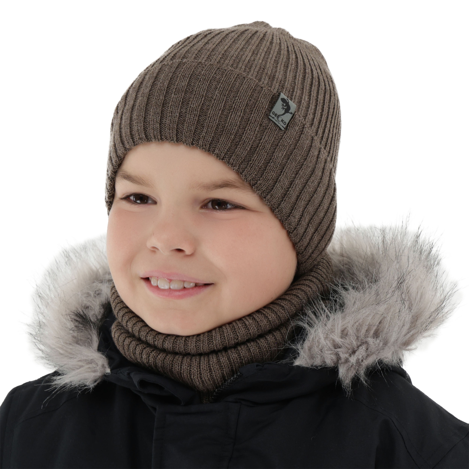 Pojke vinter set: mössa och tubhalsduk, brun, fodrad med fleece, med merinull, Gecko