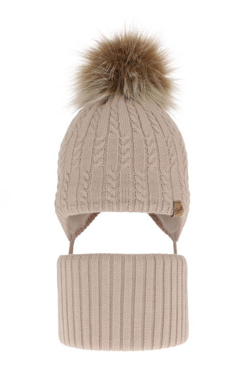Flicka vinter set: mössa och halsduk, beige, med pompom, Loreley