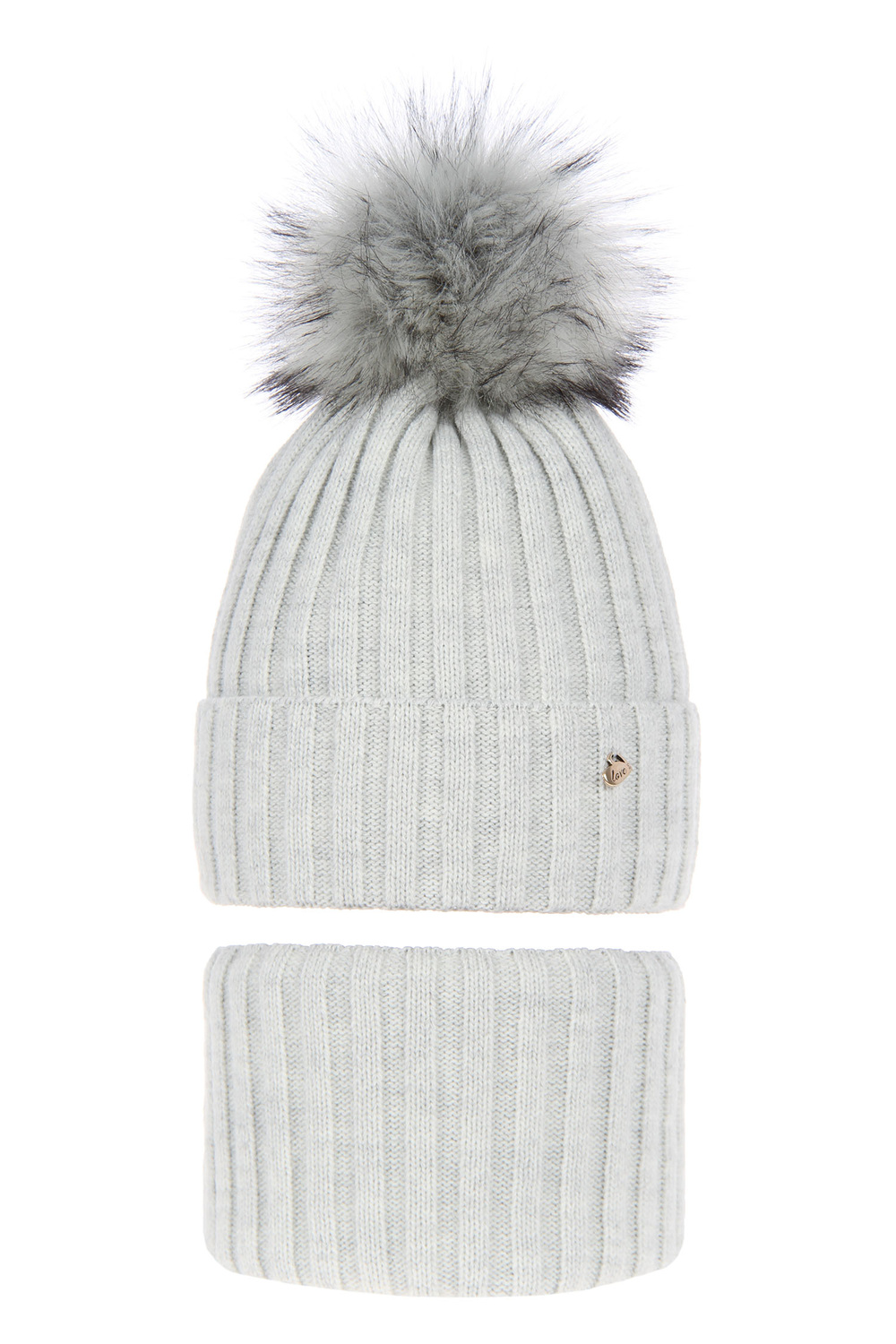 Flicka vinter set: mössa och tubhalsduk, grå, med pompom, Wilma