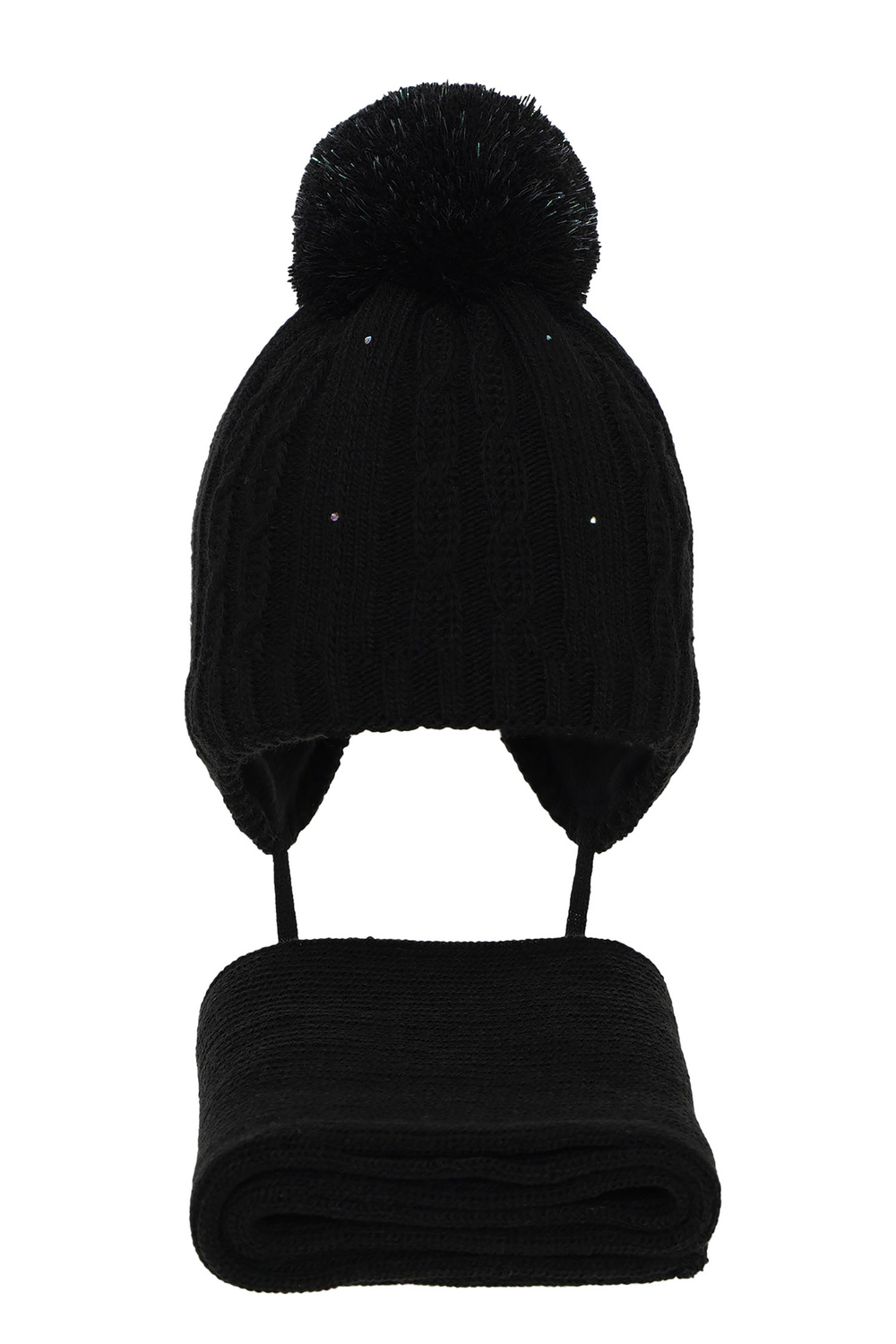 Flicka vinter set: mössa och halsduk, svart, med pompom, Candy
