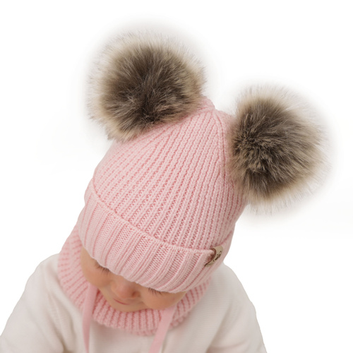 Flicka vinter set: mössa och halsduk, rosa, 100% Merino Ull, med två pompommar, wiązany, Silvia