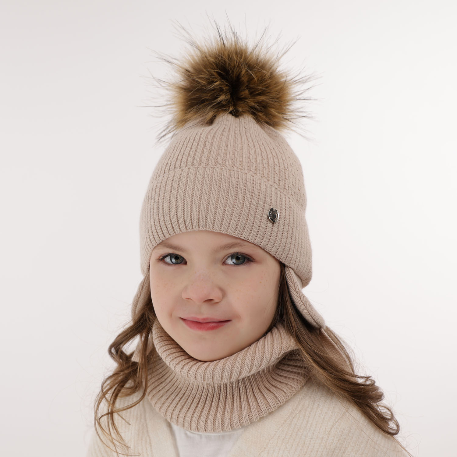 Flicka vinter set: mössa och halsduk, lila, med pompom, wiązany, Debra
