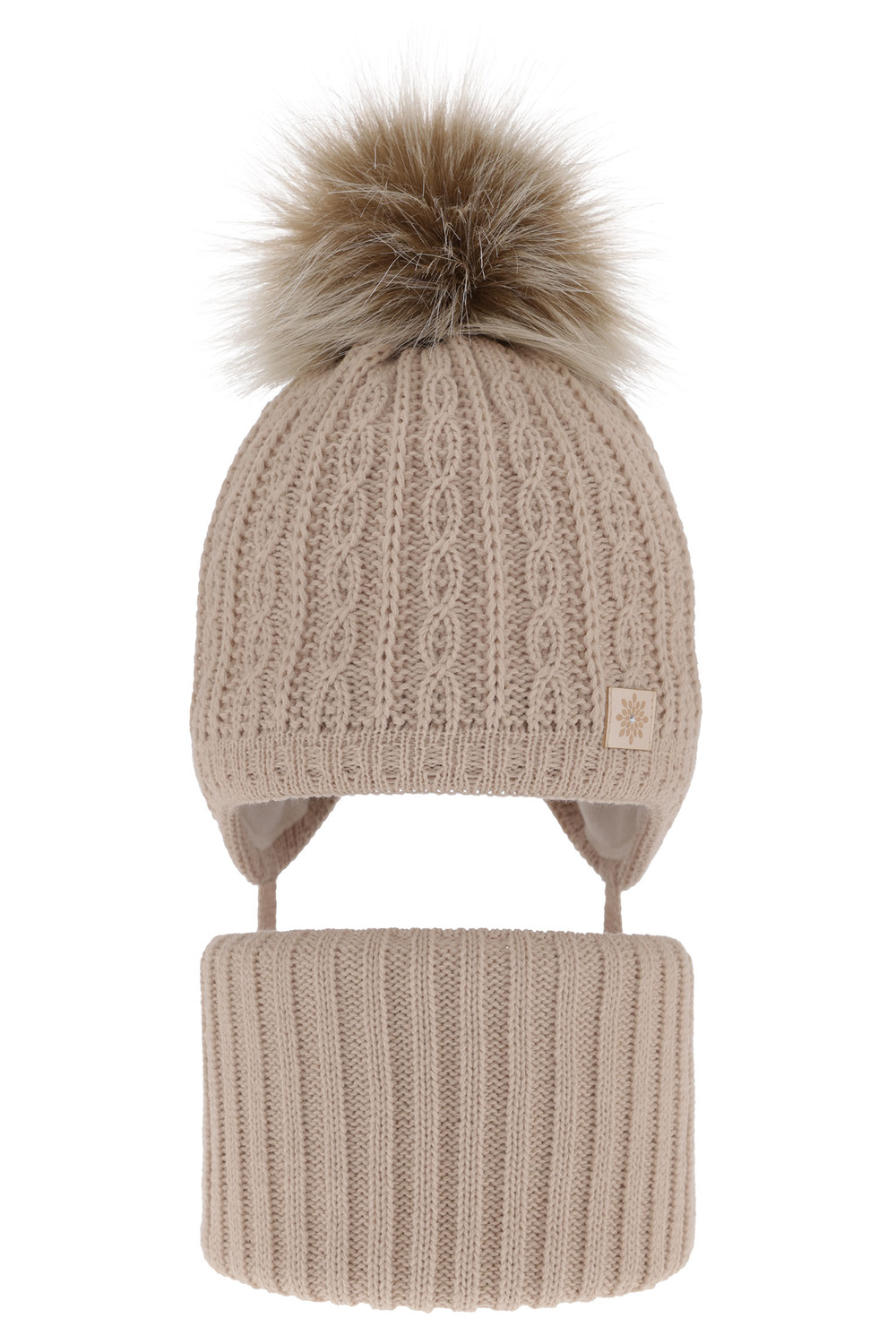 Flicka vinter set: mössa och tubhalsduk, beige, med pompom, Passa