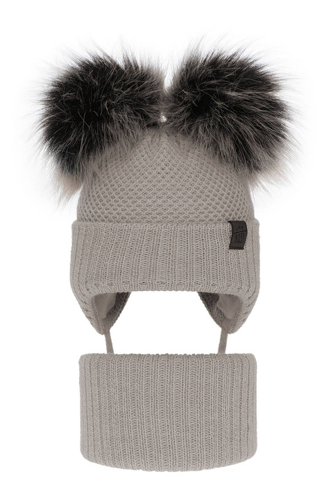 Pojke vinter set: mössa och tubhalsduk, beige, med två pompommar, med knytband, Randel