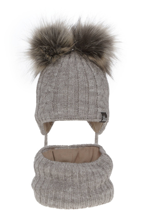 Flicka vinter set: mössa och halsduk, beige, med två pompommar, wiązany Marlen