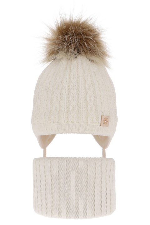 Flicka vinter set: mössa och tubhalsduk, krem, med pompom, Passa