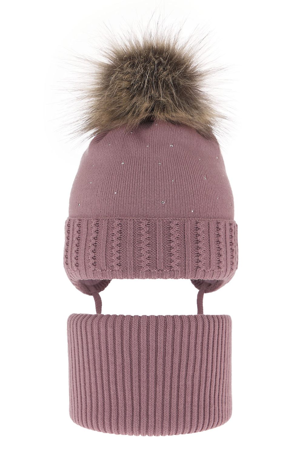 Flicka vinter set: mössa och tubhalsduk, lila, med knytband, med pompom, Renia