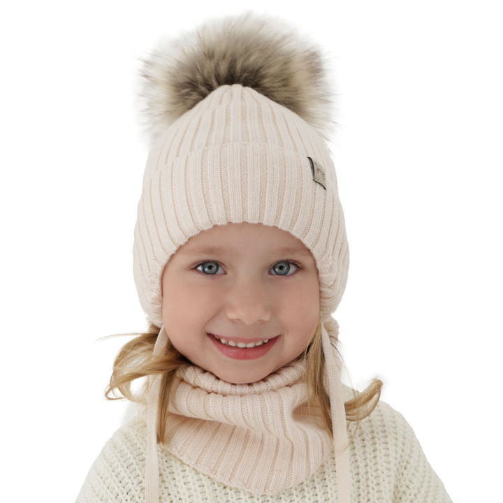 Flicka vinter set: mössa och tubhalsduk, jasnobeżowy, med knytband, med pompom, 100% Merino Ull, Junika
