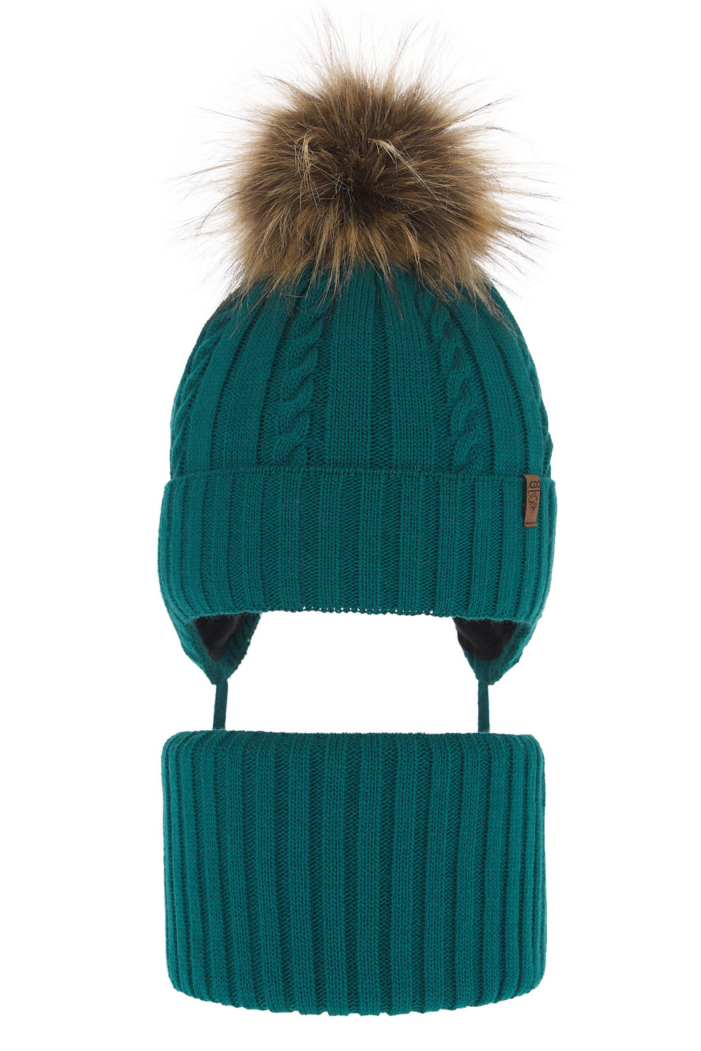 Pojke vinter set: mössa och tubhalsduk, grön, med pompom, knytband, Peter