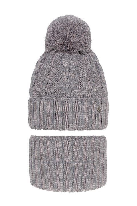 Flicka vinter set: mössa och tubhalsduk, grå, med pompom, Maroko