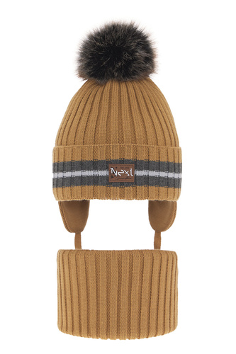 Pojke vinter set: mössa och halsduk, camel, med pompom, wiązany, Echo