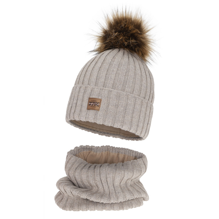 Flicka vinter set: mössa och tubhalsduk, beige, fodrad med fleece, med merinull, Bellina