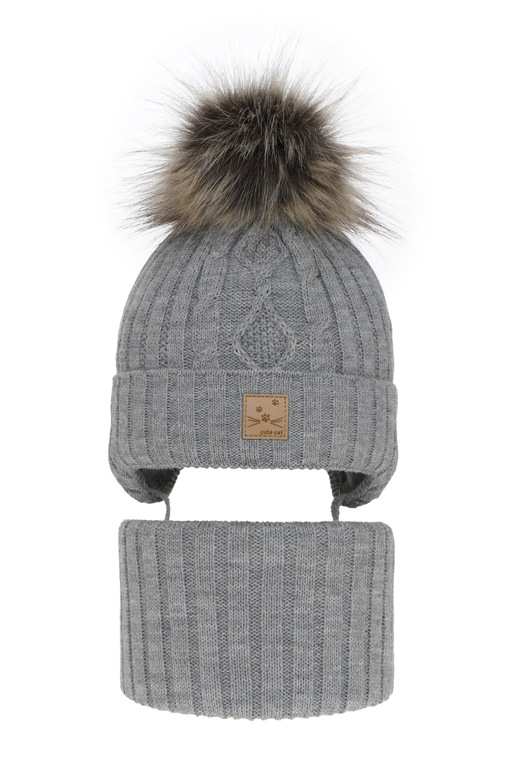 Flicka vinter set: mössa och halsduk, grå, med pompom, Aida