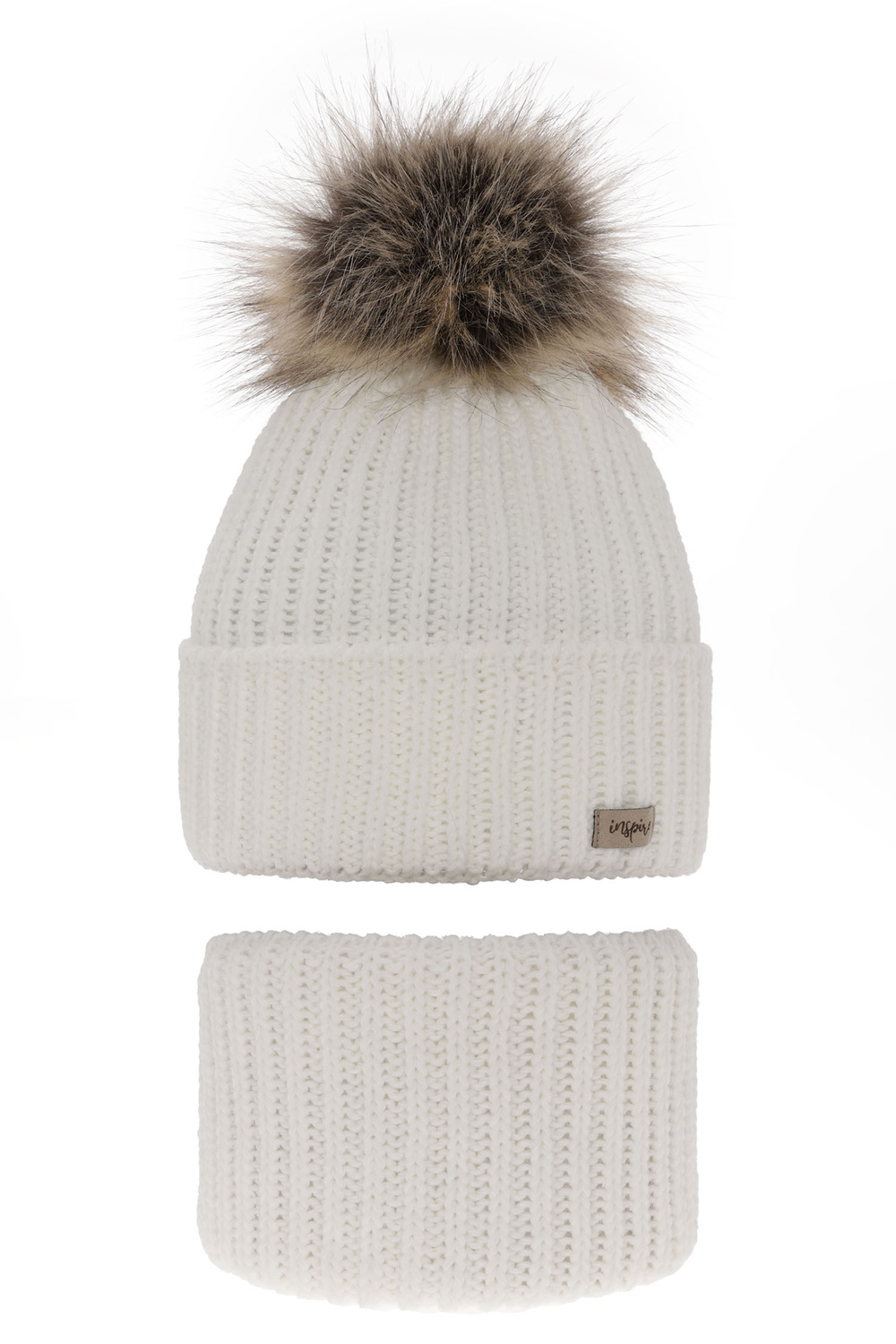 Flicka vinter set: mössa och tubhalsduk, vit, med pompom, Willow