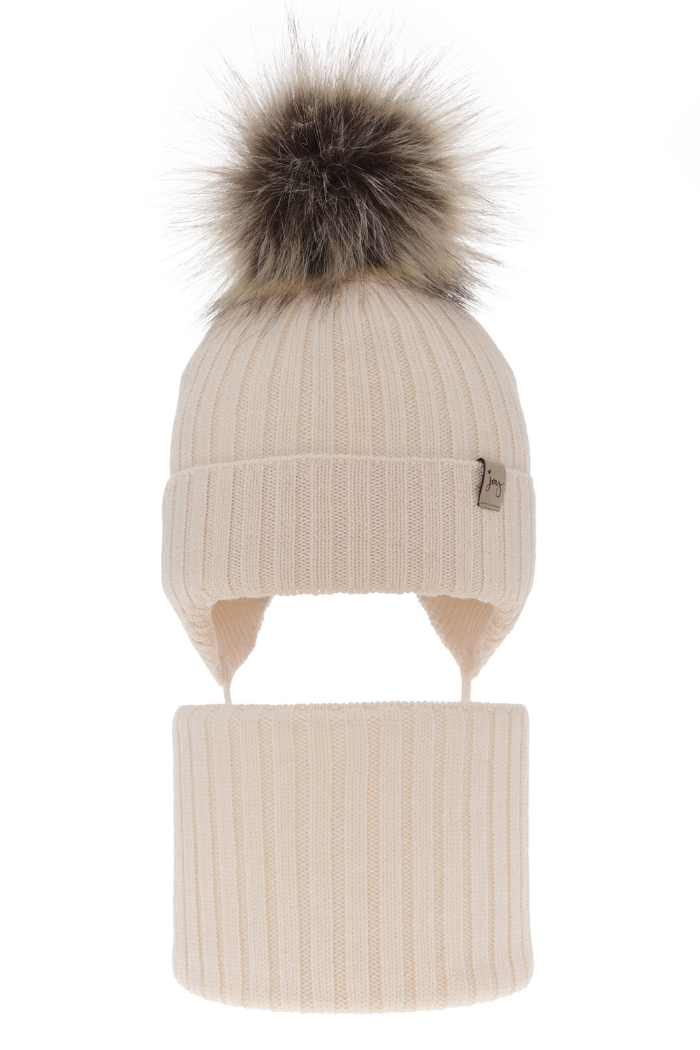 Flicka vinter set: mössa och tubhalsduk, jasnobeżowy, med knytband, med pompom, 100% Merino Ull, Junika