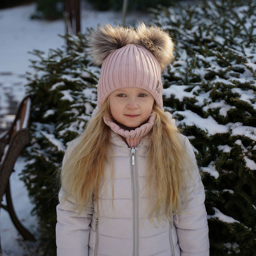 Flicka vinter set: mössa och tubhalsduk, ljusgrå, med två pompommar, wiązany Telisa