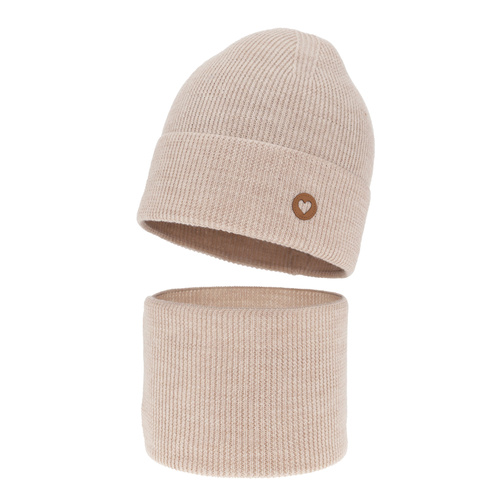 Flicka höst/vår set: mössa och halsduk, beige, 100% Merino Ull, Brook