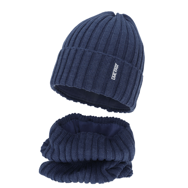 Pojke vinter set: mössa och tubhalsduk, blå, med merinull, fodrad med fleece, Banasko