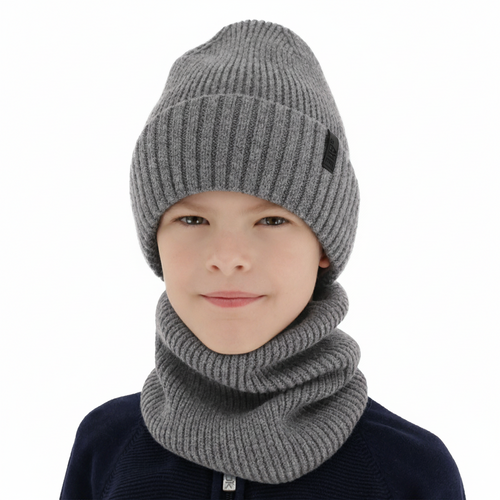 Pojke vinter set: mössa och tubhalsduk, 100% Merino Ull, fodrad med merinull, grå Harbin