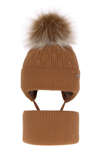 Flicka vinter set: mössa och tubhalsduk, camel, med pompom, wiązany Kornela